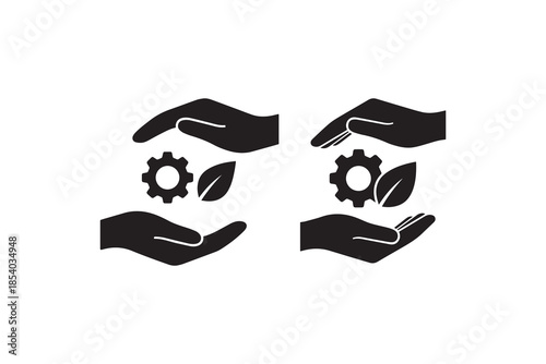 Hands protecting leaf and gear icon for green technology