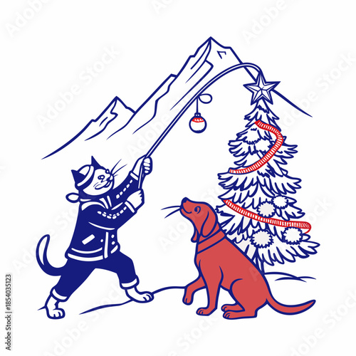 Cat and dog decorating christmas tree