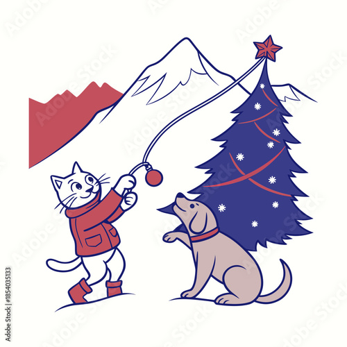 Cat and dog celebrating christmas