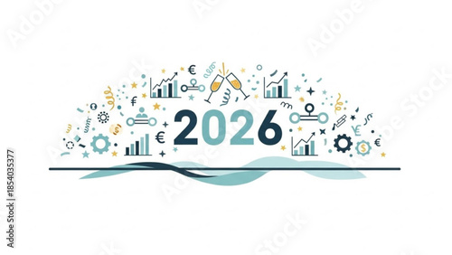 2026 business growth concept illustration with financial charts and currency symbols in modern design
