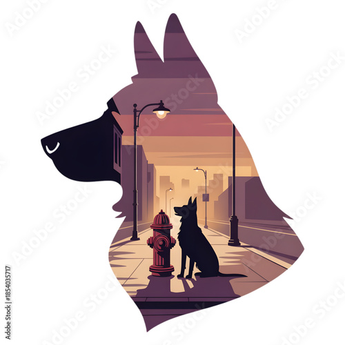 A loyal German Shepherd's silhouette reveals a peaceful urban street scene at twilight, featuring a lone dog sitting by a fire hydrant under warm sunset hues