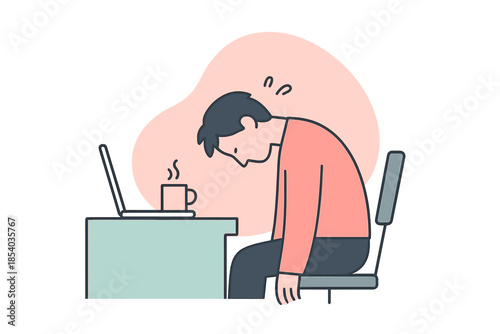 Exhausted person slumped over a desk during long work hours with a laptop and coffee cup in a cozy office setting