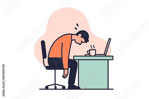 Feeling exhausted at the desk with coffee during a long workday in a bright office