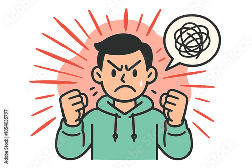 Frustrated young man expressing anger with clenched fists and an illustrated speech bubble