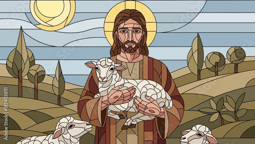 Jesus Christ holding a lamb in a serene landscape with trees