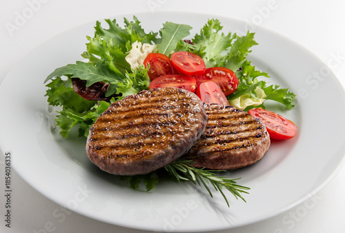 Two hamburgers with mixed salad on a round white plate