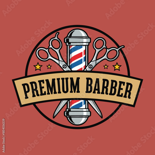 Vintage Barber Pole and Scissors Emblem for Premium Grooming Services and Mens Salons