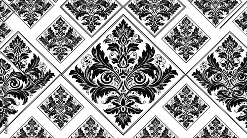 Elegant black and white damask seamless pattern with classic floral ornament design for luxury wallpaper, textile, fabric, and interior decor