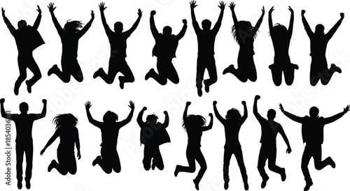 Jumping people silhouette collection expressing happiness, freedom, and celebration, black vector figures isolated on white background for creative design