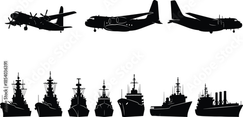 Military aircraft and naval warship silhouette collection featuring transport planes and battleships, defense force vehicle icons isolated on white background