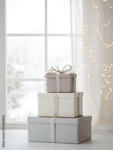 Elegant stacked gift boxes with ribbons in a cozy winter setting near window