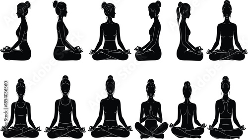 Woman yoga meditation silhouette collection showing seated lotus poses, mindfulness relaxation practice, spiritual wellness illustrations isolated on white background