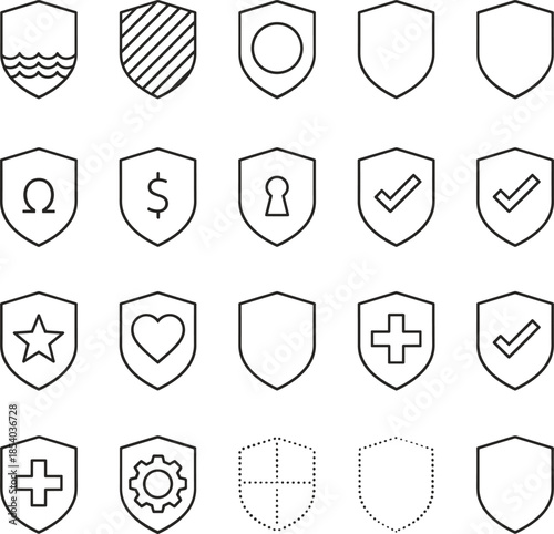 Shield and protection outline icon set with security insurance medical and verification symbols for safety and trust design