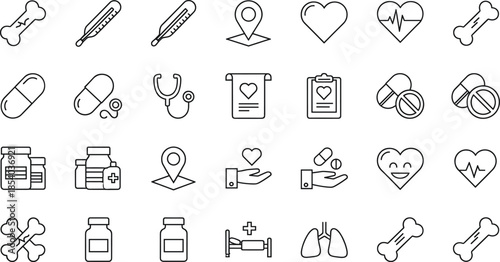 Medical and healthcare outline icon set with medicine pills heart care documents and health service symbols for clinic design