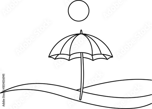 Beach umbrella outline illustration with sun and waves symbolizing summer vacation seaside relaxation and tropical travel design
