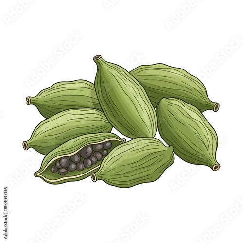 Vector illustration of green cardamom pods isolated on white background