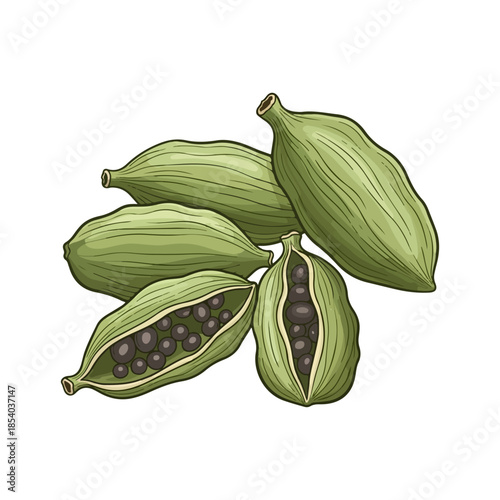 Vector illustration of green cardamom pods isolated on white background