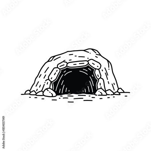 Minimalist cave entrance illustration with rough stone details and mysterious darkness