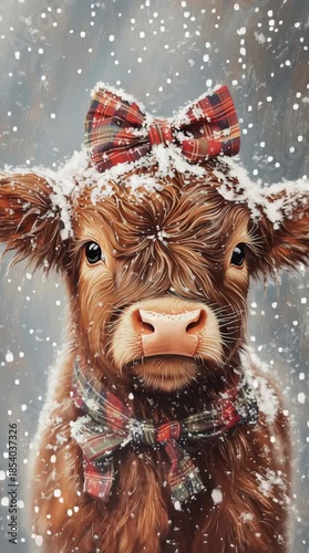 Adorable highland calf with tartan bow i