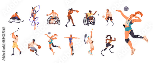 Professional sportsmen with disabilities set. Athletes with prosthesis run, swimming, skiing, boxing. People in wheelchairs play basketball. Flat isolated vector illustrations on white background.