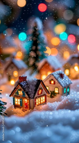 Enchanting snowy village with twinkling lights and cozy 
