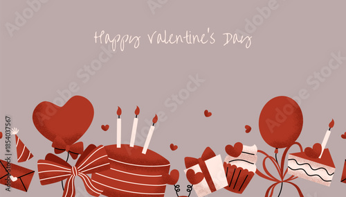 Valentine's Day seamless border. Greeting poster. Romantic holiday. February 14. Love. Balloon, cake, bow, envelope, heart, gift. Cartoon vector illustration.
