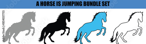 Horse Jumping Silhouette Illustration in Minimal Black and White Style on White Background. Jumping Horse Line Art Outline Vector Illustration for Equestrian and Animal Concept