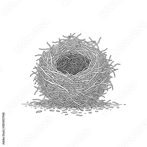 Detailed artistic illustration of a birds nest crafted from twigs and straw