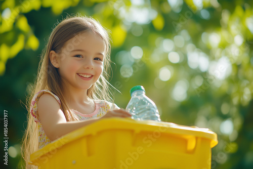 Eco friendly lifestyle concept with smiling girl recycling plastic in nature.
