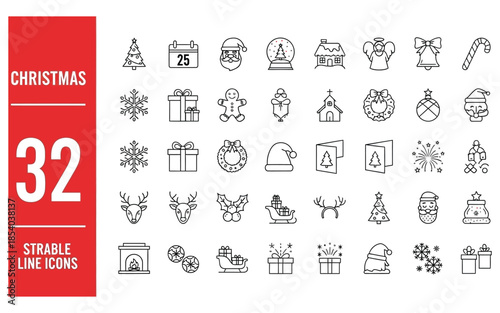 Christmas icon set with 32 black and white line drawings