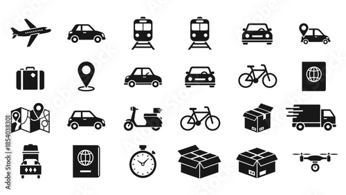 Black Silhouette Transportation and Travel Logistics Icons Set, isolated white background
