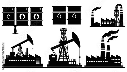 Oil and Gas Industry Icons with Oil Barrels, Drilling Rigs, and Factories, on a Bright Background