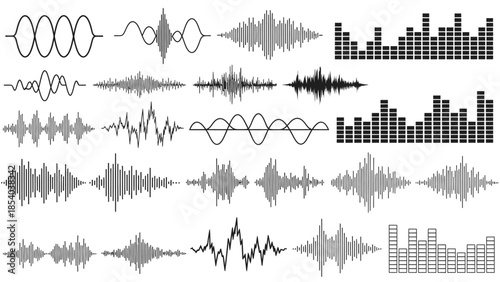 Collection of Diverse Sound Wave and Equalizer Patterns, Representing Audio Frequencies, on a Bright Background