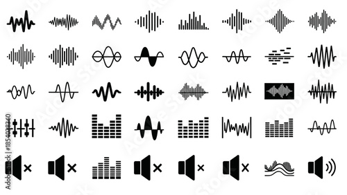 Collection of Sound Wave Audio Equalizer and Volume Control Icons Set, isolated white background