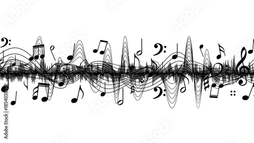 Dynamic Pattern of Musical Notes and Sound Waves, Representing Music Flow or Audio Rhythm, on a Bright Background