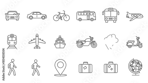 Set of minimalist outline icons for various transportation and travel modes on isolated white background.