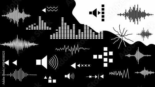 Creative abstract audio sound waves and music equalizer patterns in black and white background.