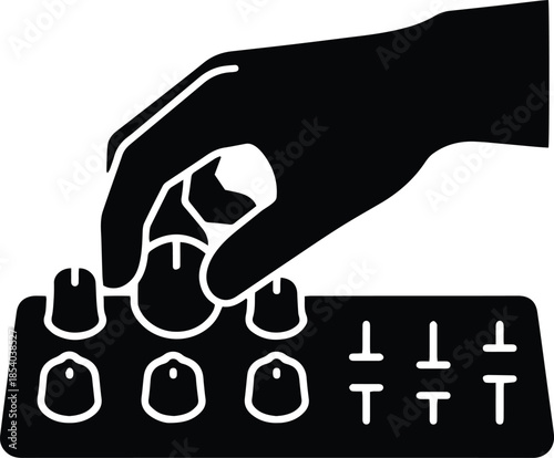 Close up Silhouette of Hand Adjusting Audio Mixer Knob, Circular Controls Icon