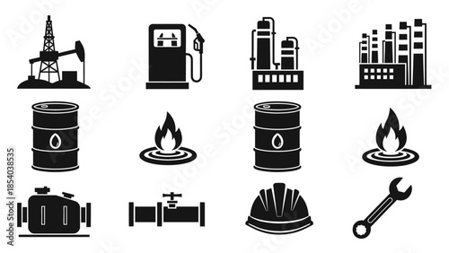 Set of industrial and energy sector flat icons including oil, gas, and construction elements on isolated white background.
