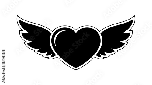 Black Silhouette of a Heart with Wings Symbolizing Love and Freedom, Isolated White Background
