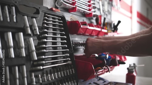 Serviceman Putting All Tools And Wrencher In Places On A Mechanic's Shelf In The Garage