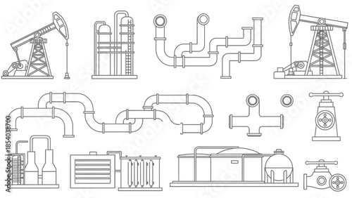 Oil and Gas Industry Infrastructure with Oil Derricks, Pipelines, and Refinery Buildings, Line Art on Isolated White Background.