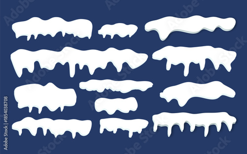 Snow caps icicle border. Winter frozen frost decoration isolated shapes.