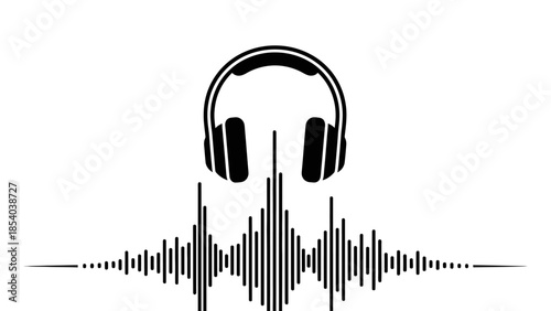 Headphones Silhouette with Digital Sound Wave Equalizer, Music Playback Concept on Isolated White Background.