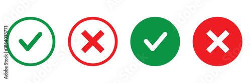 Check mark icons. green check mark and red cross mark icon set. green tick and red x. Symbols of approval and Decline, vector illustration