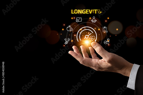 Businessman show his hand with the floating health and longevity icons, symbolizing wellness innovation, digital healthcare, and future lifestyle technology.