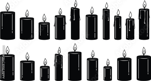Black candle silhouette collection with burning flames and wax drips, gothic memorial spa decor illustrations isolated on white background