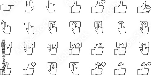 Hand gesture and interaction outline icon set with click touch like swipe and pointing symbols for user interface design