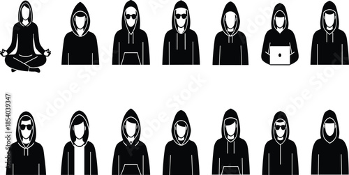Anonymous hoodie people silhouette collection showing hackers, meditation figure, and digital users, cybersecurity identity concept illustrations isolated on white background