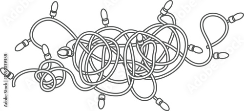 Tangled string lights in a messy knot on a white background